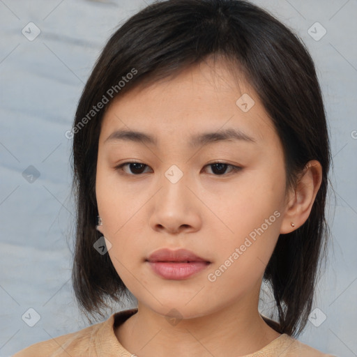 Neutral asian young-adult female with medium  brown hair and brown eyes