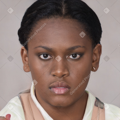 Neutral black young-adult female with short  brown hair and brown eyes