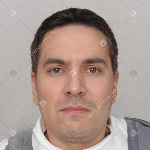 Neutral white adult male with short  brown hair and brown eyes