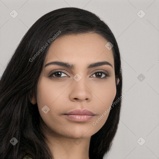 Neutral asian young-adult female with long  black hair and brown eyes