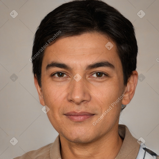 Joyful white adult male with short  black hair and brown eyes