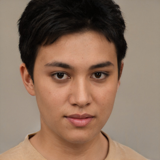 Neutral white young-adult female with short  brown hair and brown eyes