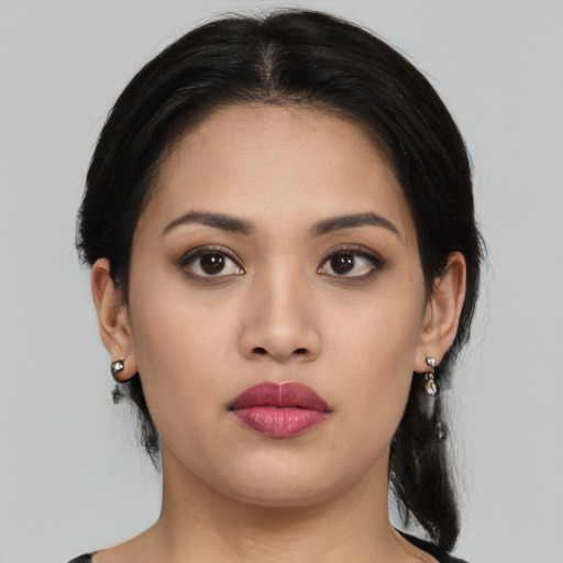 Neutral asian young-adult female with long  black hair and brown eyes