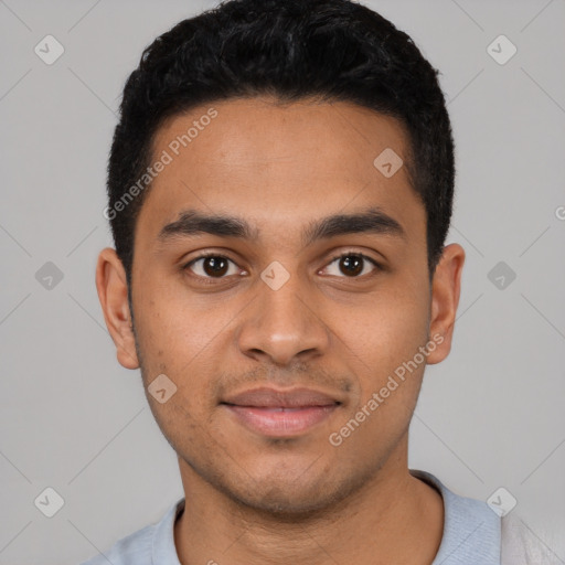 Joyful latino young-adult male with short  black hair and brown eyes