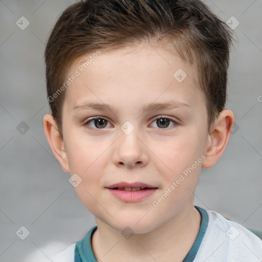 Joyful white child male with short  brown hair and brown eyes