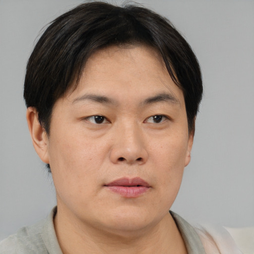 Neutral asian young-adult male with short  brown hair and brown eyes
