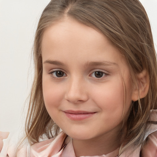 Joyful white child female with medium  brown hair and brown eyes