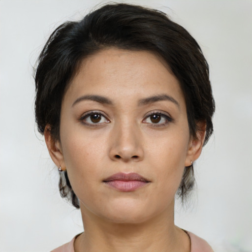 Neutral asian young-adult female with short  brown hair and brown eyes