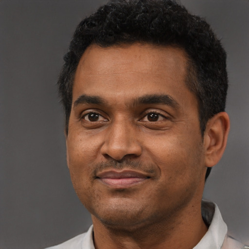Joyful latino adult male with short  black hair and brown eyes