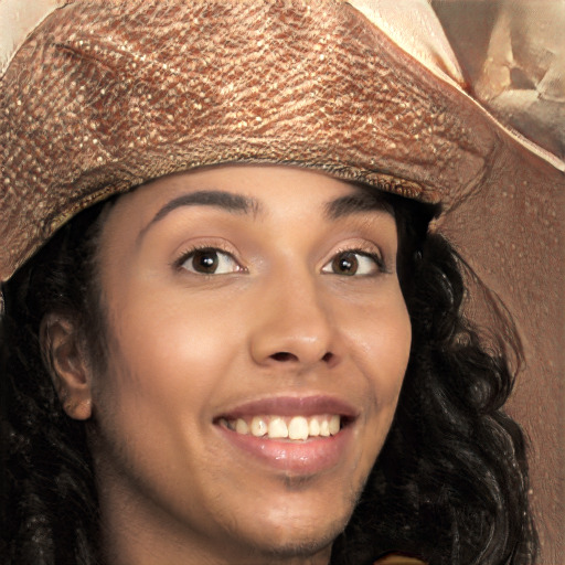 Joyful white young-adult female with long  black hair and brown eyes