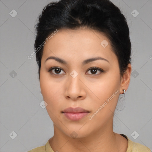 Neutral asian young-adult female with short  brown hair and brown eyes