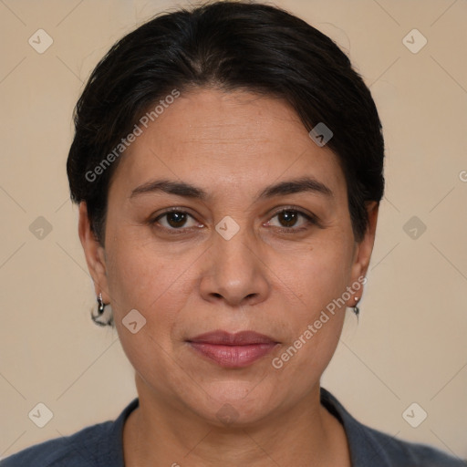 Joyful white adult female with short  brown hair and brown eyes