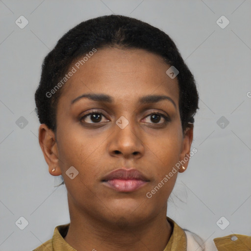 Neutral black young-adult female with short  brown hair and brown eyes