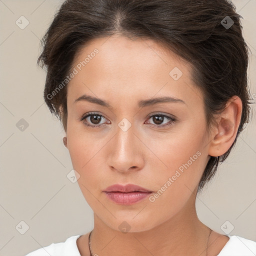 Neutral white young-adult female with short  brown hair and brown eyes