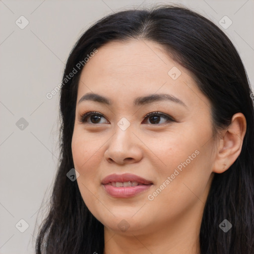 Joyful white young-adult female with long  brown hair and brown eyes