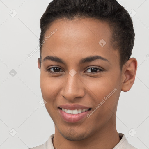 Joyful white young-adult female with short  brown hair and brown eyes