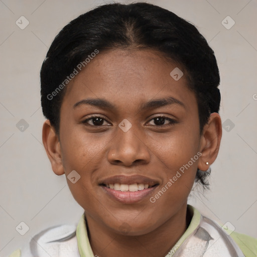 Joyful latino young-adult female with short  brown hair and brown eyes