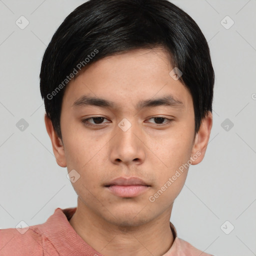 Neutral asian young-adult male with short  black hair and brown eyes