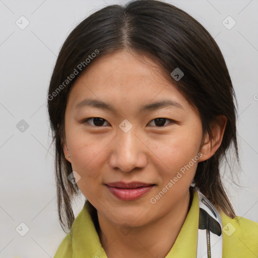 Joyful white young-adult female with medium  brown hair and brown eyes