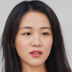 Neutral asian young-adult female with long  brown hair and brown eyes