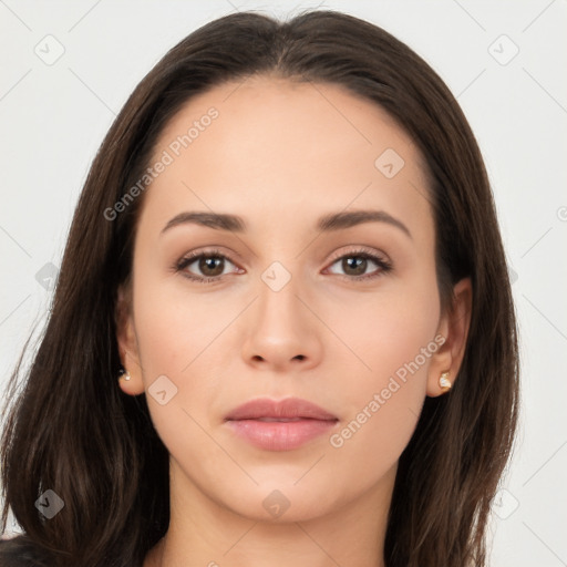 Neutral white young-adult female with long  brown hair and brown eyes