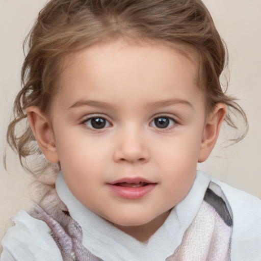 Joyful white child female with medium  brown hair and grey eyes