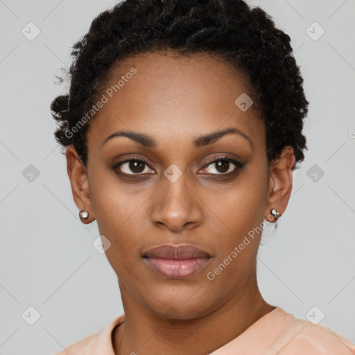 Neutral black young-adult female with short  black hair and brown eyes