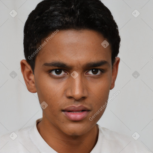 Neutral latino young-adult male with short  brown hair and brown eyes