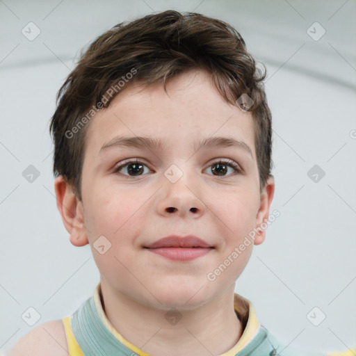 Joyful white child male with short  brown hair and brown eyes