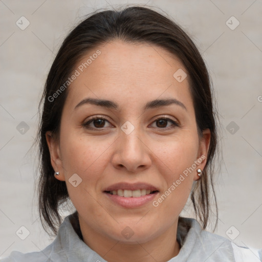 Joyful white adult female with medium  brown hair and brown eyes