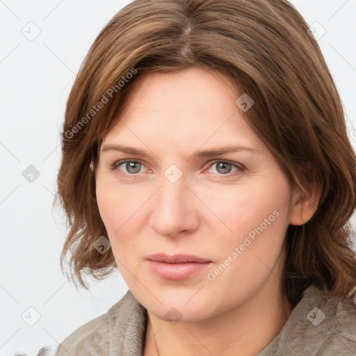 Neutral white young-adult female with medium  brown hair and grey eyes