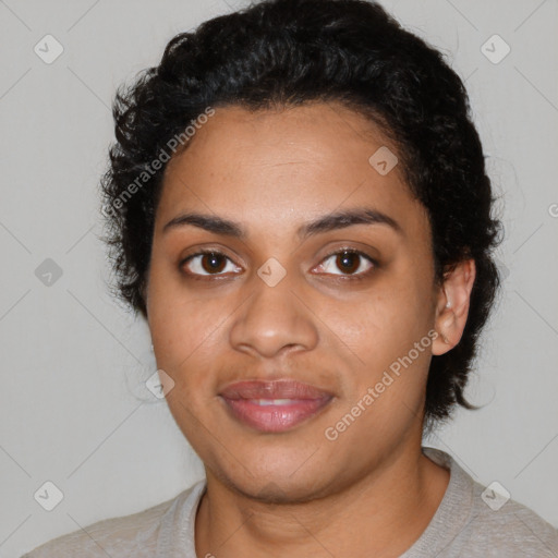 Joyful latino young-adult female with short  black hair and brown eyes