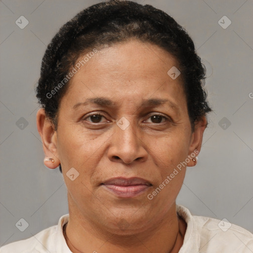 Joyful white adult female with short  brown hair and brown eyes