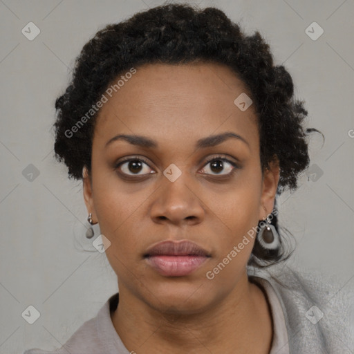 Neutral black young-adult female with short  black hair and brown eyes