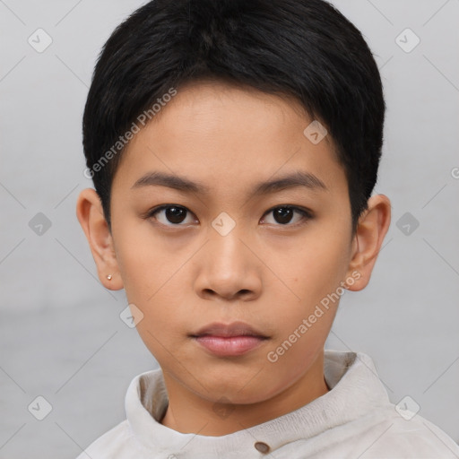 Neutral asian young-adult female with short  brown hair and brown eyes