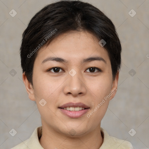 Joyful asian young-adult female with short  brown hair and brown eyes