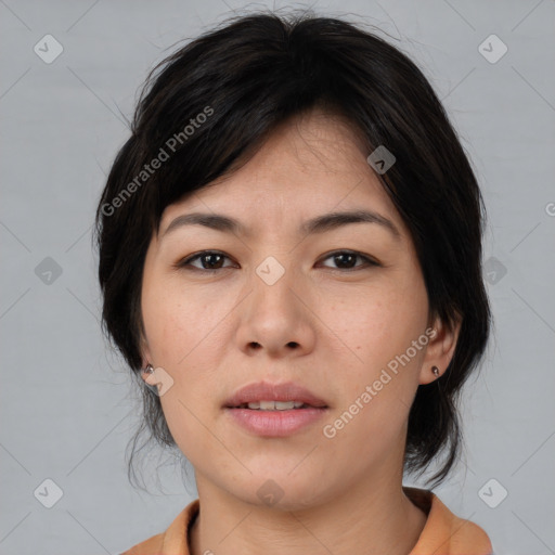 Neutral asian young-adult female with medium  brown hair and brown eyes