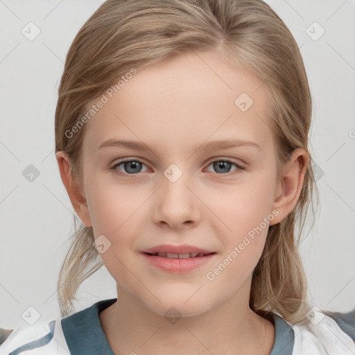 Joyful white child female with medium  brown hair and grey eyes