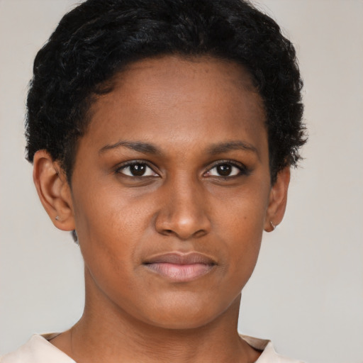 Neutral black young-adult female with short  brown hair and brown eyes