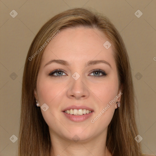 Joyful white young-adult female with long  brown hair and grey eyes