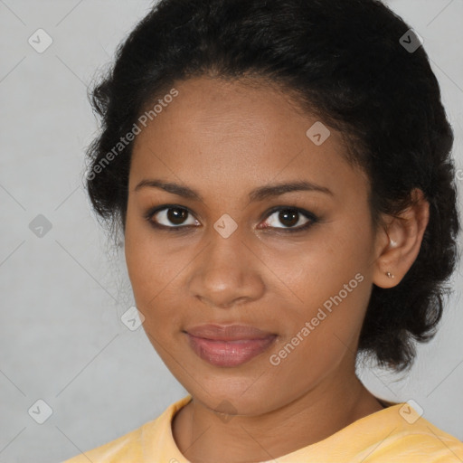 Joyful black young-adult female with medium  brown hair and brown eyes