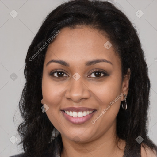 Joyful latino young-adult female with long  brown hair and brown eyes