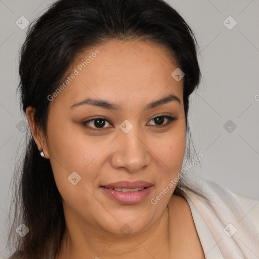 Joyful white adult female with medium  brown hair and brown eyes