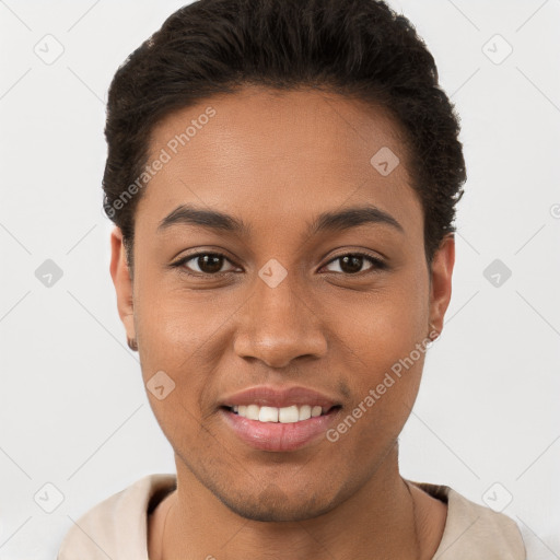 Joyful white young-adult female with short  brown hair and brown eyes