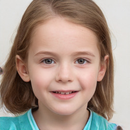 Joyful white child female with medium  brown hair and grey eyes