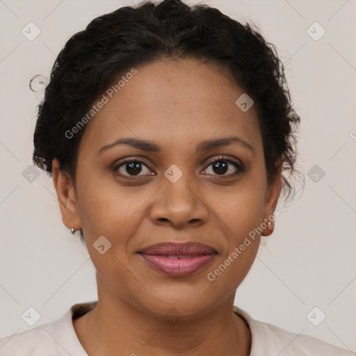 Joyful latino young-adult female with short  brown hair and brown eyes