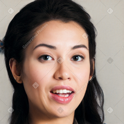 Joyful white young-adult female with long  black hair and brown eyes