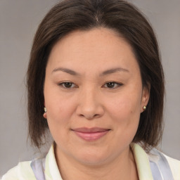 Joyful white adult female with medium  brown hair and brown eyes