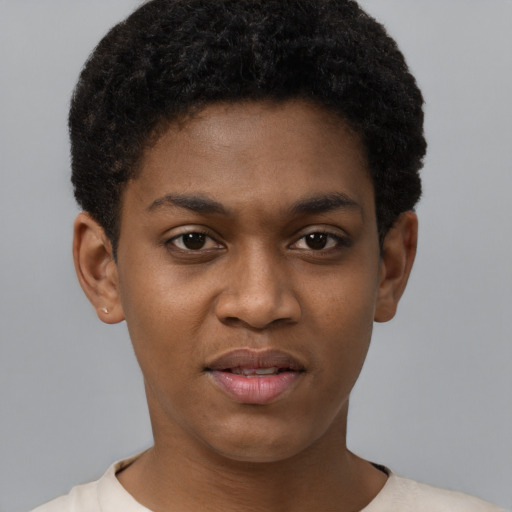 Joyful black young-adult female with short  black hair and brown eyes