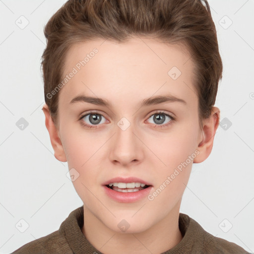 Joyful white young-adult female with short  brown hair and grey eyes